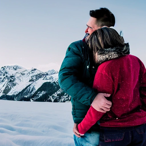 A man and a woman embracing in front of the snow-capped mountain