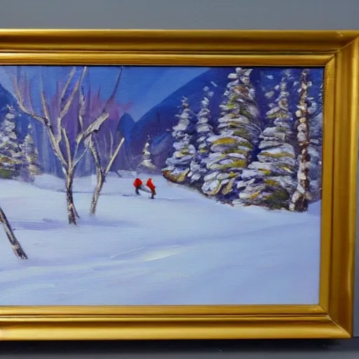 A snowy landscape with skiers and sunshine
, Oil Painting