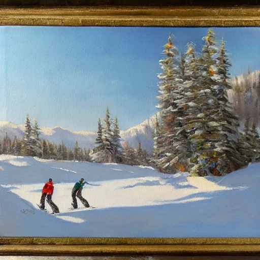 A snowy landscape with skiers and sunshine
, Oil Painting