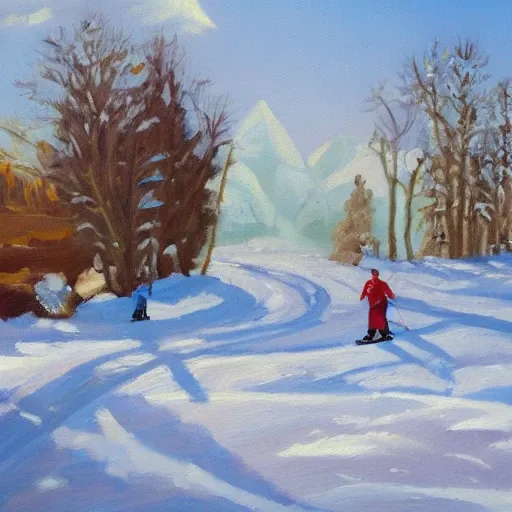 A snowy landscape with skiers and sunshine
, Oil Painting, Cartoon