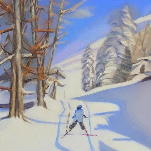 A snowy landscape with skiers and sunshine
, Oil Painting, Cartoon, Pencil Sketch