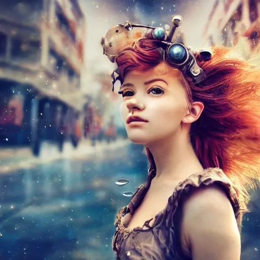 detailed, close up portrait of girl standing in a steampunk city with the wind blowing in her hair, cinematic warm color palette, spotlight, perfect symmetrical face, Trippy, Water Color