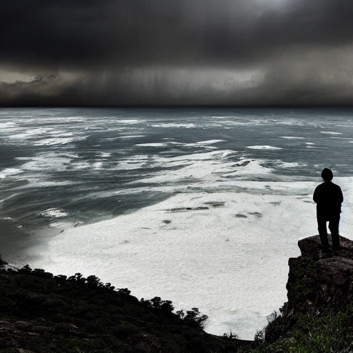 A lone figure standing on a cliff, watching a distant storm move in., Trippy