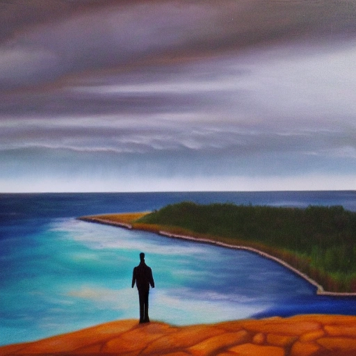 A lone figure standing on a cliff, watching a distant storm move in., Trippy, Oil Painting