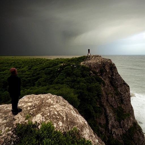 A lone figure standing on a cliff, watching a distant storm move in.