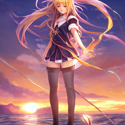 realistic Anime Girl Sailing on a Boat in the Sunset , d&d magic fantasy, dark magical school student uniform, light curly hair, casting a bright large-scale magical spell around herself, overflowing energy, highly detailed, digital painting, trending on artstation, pixiv, concept art, sharp focus, illustration, art by Ross Tran and Greg Rutkowski and Walt Disney animation