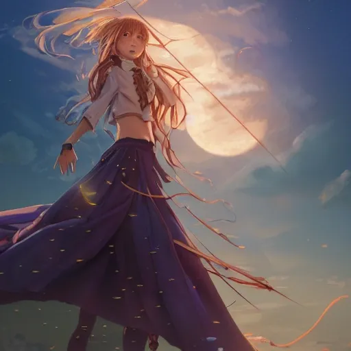 realistic Anime Girl Sailing on a Boat in the Sunset , d&d magic fantasy, dark magical school student uniform, light curly hair, casting a bright large-scale magical spell around herself, overflowing energy, highly detailed, digital painting, trending on artstation, pixiv, concept art, sharp focus, illustration, art by Ross Tran and Greg Rutkowski