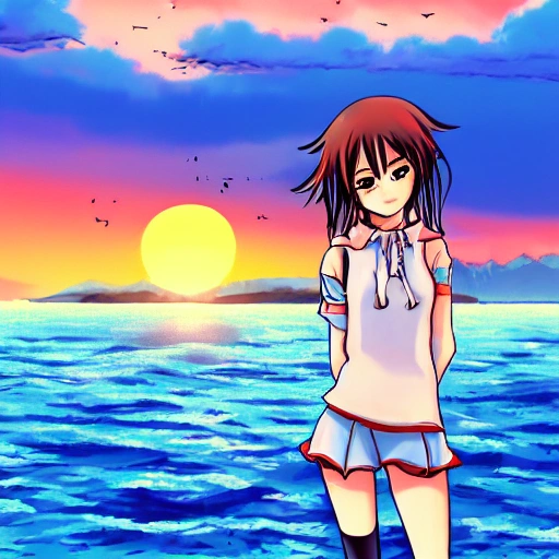 Anime Girl Sailing on a Boat in the Sunset 