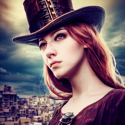 detailed, close up portrait of girl standing in a steampunk city with the wind blowing in her hair, cinematic warm color palette, spotlight, perfect symmetrical face, 3D