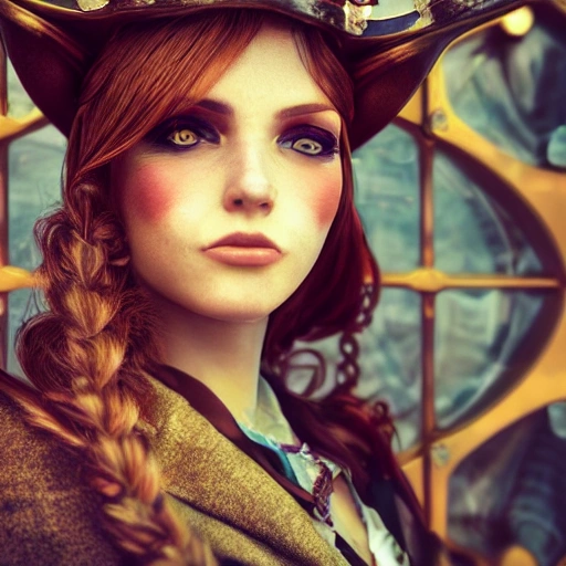 detailed, close up portrait of girl standing in a steampunk city with the wind blowing in her hair, cinematic warm color palette, spotlight, perfect symmetrical face, 3D, Trippy