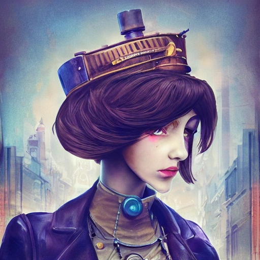 detailed, close up portrait of girl standing in a steampunk city with the wind blowing in her hair, cinematic warm color palette, spotlight, perfect symmetrical face, 3D, Trippy, Cartoon