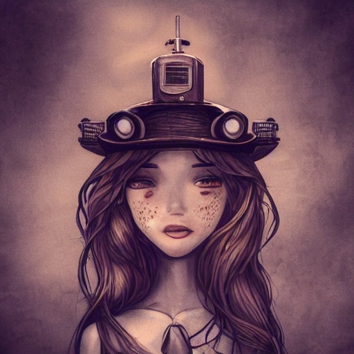 detailed, close up portrait of girl standing in a steampunk city with the wind blowing in her hair, cinematic warm color palette, spotlight, perfect symmetrical face, 3D, Trippy, Cartoon, Pencil Sketch