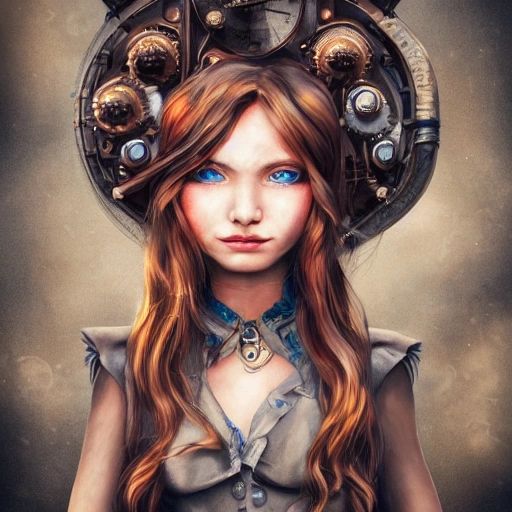 detailed, close up portrait of girl standing in a steampunk city with the wind blowing in her hair, cinematic warm color palette, spotlight, perfect symmetrical face, 3D, Trippy, Cartoon, Pencil Sketch, Oil Painting