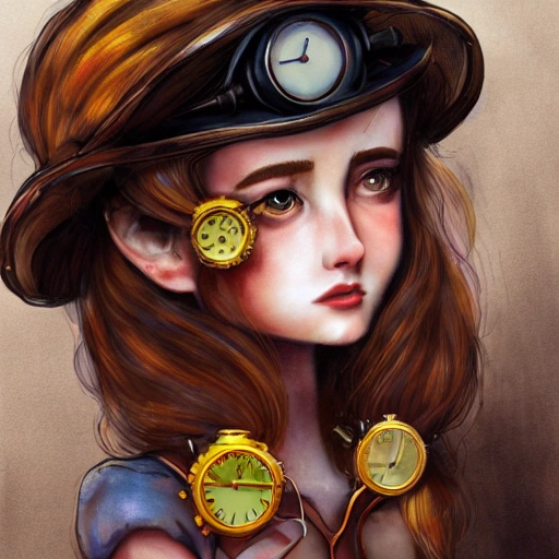 detailed, close up portrait of girl standing in a steampunk city with the wind blowing in her hair, cinematic warm color palette, spotlight, perfect symmetrical face, 3D, Trippy, Cartoon, Pencil Sketch, Oil Painting, Water Color