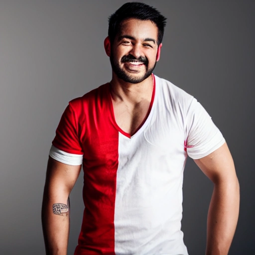 Latino man, white skin, arma crossed, red shirt, ad photo, smiling, solid background, studio, photoshoot 3D