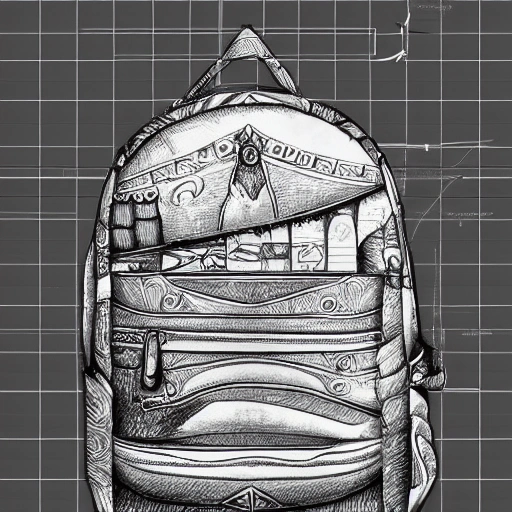 detailed fantasy backpack pencil sketch 