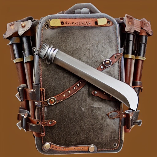 detailed fantasy backpack pencil sketch  45degree profile pots pans adventuring gear sword leather