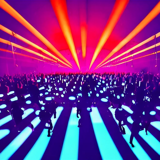 techno ravers small crowd dancing in a solid  minimalistic big  colorfull nightclub with small windows, dramatic lighting, hyper realistic, photography, 3 5 mm,  film, 8 k, concept art, volumetric lighting, foggy, flat, opaque color full lasser show beans, cinematic lens, 3D