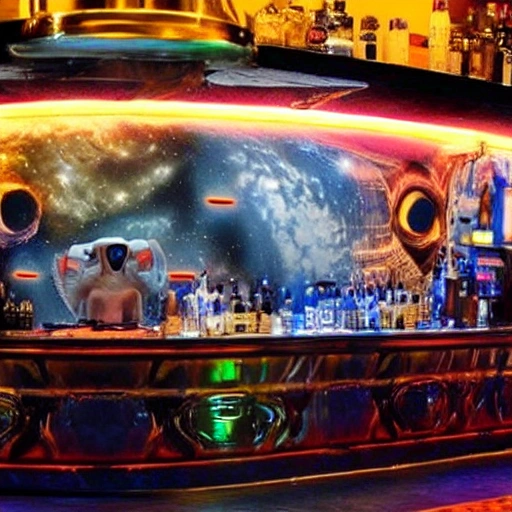 3D, alien riendo a carcajadas en un bar espacial. Hay un gran ... -  