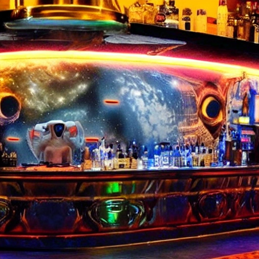 , 3D, alien riendo a carcajadas en un bar espacial. Hay un gran ventanal de contra y se ve una ciudad muy moderna
