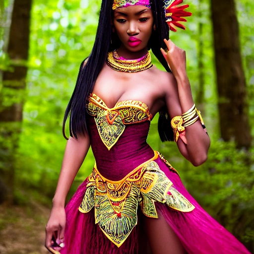 beautiful stunning young woman, hands behind back, perfect face, gorgeous, flowing ornate oriental african dress, mixed race, asian african latina, full body, goddess, sensual pose, legs, detailed face, focus on eyes, perfect figure, 8k, hdr, forest, 3D