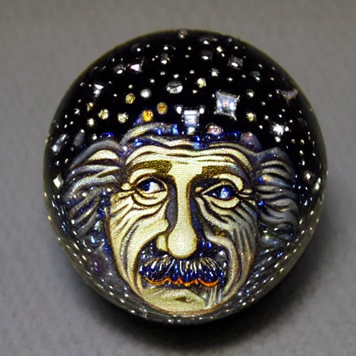 Einstein, jewel encrusted, with small sparkling gems, gold, silver, tons of facets and gems, translucent, very detailed, wide angle. medium distance Faberge style, glowing from within,