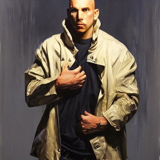 musclepunk wearing an oversized jacket, night time, highly detailed face, oil painting, by ruan jia 