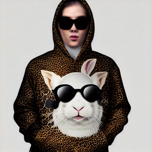 full-bodied portrait, Cute and adorable cartoon white rabbit baby wearing a gold jaguar print hoodie and silver sunglasses, fantasy, dreamlike, surrealism, super cute, trending on artstation,4k,Horizontal screen