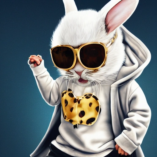 full-bodied portrait, Cute and adorable cartoon white rabbit baby wearing a gold jaguar print hoodie and silver sunglasses, fantasy, dreamlike, surrealism, super cute, trending on artstation,4k,Horizontal screen