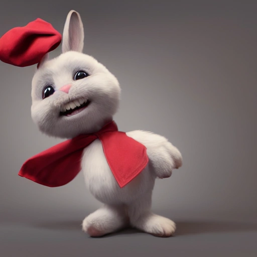 Cute adorable little bunny and happy smiling greeting me with red cloth, unreal engine, cozy interior lighting, art station, detailed digital painting, cinematic, character design by mark ryden and pixar and hayao miyazaki, unreal 5, daz, hyper realistic, octane render