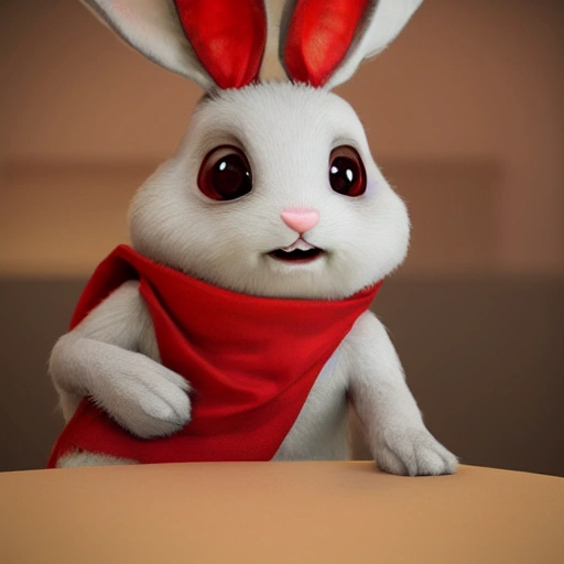 Cute adorable little bunny and happy smiling greeting me with red cloth, unreal engine, cozy interior lighting, art station, detailed digital painting, cinematic, character design by mark ryden and pixar and hayao miyazaki, unreal 5, daz, hyper realistic, octane render