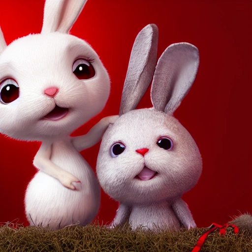 Cute adorable little bunny and happy smiling greeting me with red cloth, unreal engine, cozy interior lighting, art station, detailed digital painting, cinematic, character design by mark ryden and pixar and hayao miyazaki, unreal 5, daz, hyper realistic, octane render