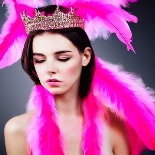 A sexy girl with pink feather wings, front view, HD, wearing a crown, 8K, depth of field, Trippy, 