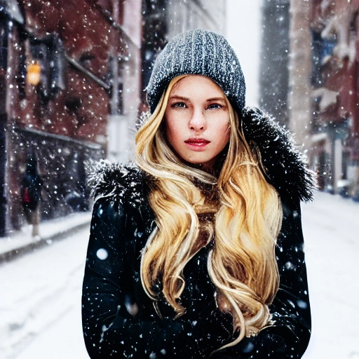 professional portrait photograph of a gorgeous Norwegian girl in winter clothing with long wavy blonde hair, sultry flirty look, (freckles), gorgeous symmetrical face, cute natural makeup, wearing elegant warm winter fashion clothing, ((standing outside in snowy city street)), stunning modern urban environment, ultra realistic, concept art, elegant, highly detailed, intricate, sharp focus, depth of field, f/1.8, 85mm, medium shot, mid shot, (((professionally color graded))), bright soft diffused light, (volumetric fog), trending on instagram, hdr 4k, 8k