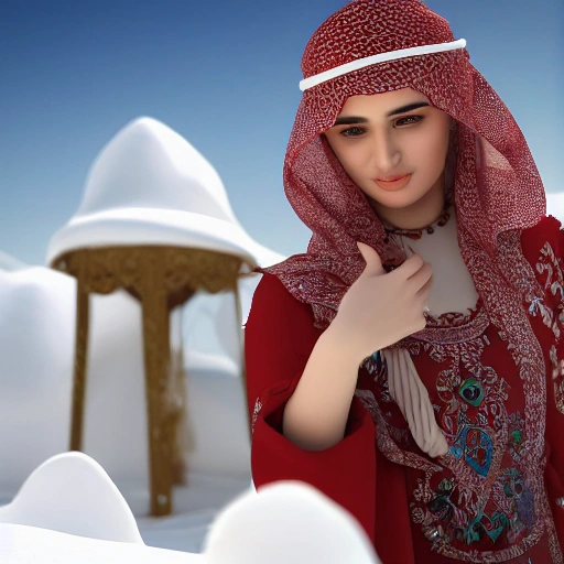 , 3D realistic Arabic women in snow land cinimatic high depth of field 4k