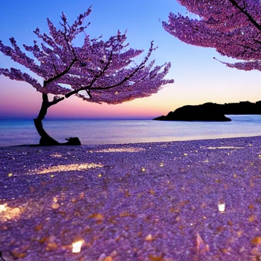 Under the romantic moonlight is a beach with crystal clear colorful stones and shells, as well as some cherry blossom trees