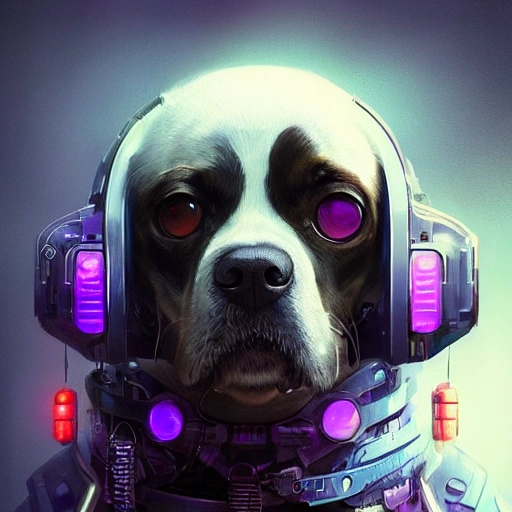 a beautiful portrait of a cute cyberpunk dog by greg rutkowski and wlop, purple blue color scheme, high key lighting, digital art, highly detailed, fine detail, intricate, ornate, complex