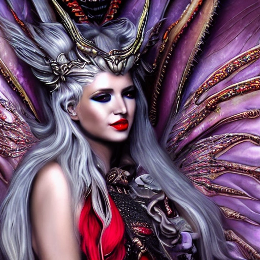 very complex hyper-maximalist overdetailed cinematic tribal fantasy closeup macro portrait of a heavenly beautiful young royal dragon queen with long platinum blonde windblown hair and dragon scale wings, Magic the gathering, pale wet skin and dark eyes and red lipstick ,flirting smiling passion seductive, vibrant high contrast, by andrei riabovitchev, tomasz alen kopera,moleksandra shchaslyva, peter mohrbacher, Omnious intricate, octane, moebius, arney freytag, Fashion photo shoot, glamorous pose, trending on ArtStation, dramatic lighting, ice, fire and smoke, orthodox symbolism Diesel punk, mist, ambient occlusion, volumetric lighting, Lord of the rings, BioShock, glamorous, emotional, tattoos,shot in the photo studio, professional studio lighting, backlit, rim lighting, Deviant-art, hyper detailed illustration, 8k