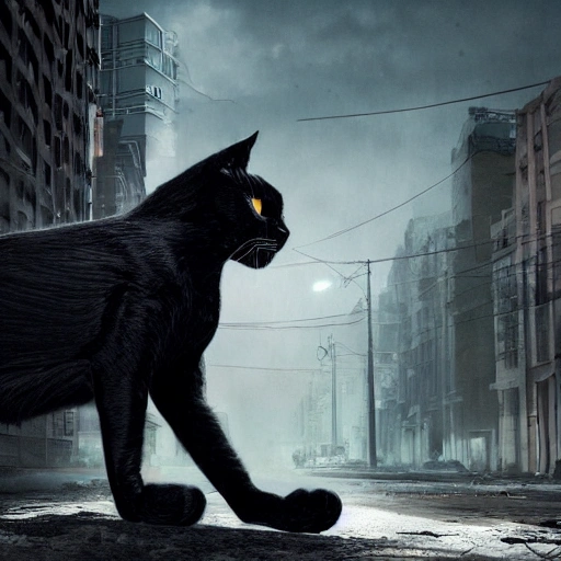 (((A Huge gigantic mutant black cat that measures three meters high, in the middle of a street ravaged by the apocalypse sitting on top of some buildings))), photorealistic, perfect details, perfect composition, beautiful detailed intricate insanely detailed octane render trending on artstation, action pose, 8 k artistic photography, photorealistic concept art, soft natural volumetric cinematic perfect light, chiaroscuro, award - winning photograph, masterpiece, oil on canvas, raphael, caravaggio, greg rutkowski, beeple, beksinski, giger, moody lighting, 8 k resolution, octane render, trending on artstation, by h. r. giger and greg rutkowski, haze, ultra-detailed, film photography, light leaks, Larry Bud Melman, trending on artstation, sharp focus, studio photo, intricate details, highly detailed, by greg rutkowski, Nikon D3100 | ISO 450 | focal length 50 mm (Sigma 50mm f1.5) | aperture f/4 | exposure time 1/250 Sec (DRI) , Trippy