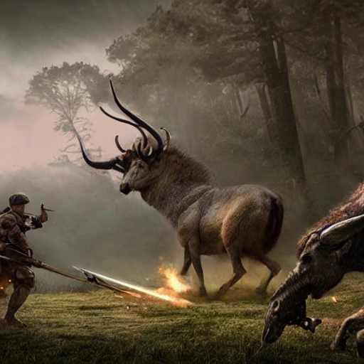 ultra realistic ethereal war scene with mythical wild animals