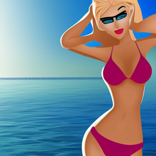 beautiful blonde girl animated in a bikini ,slender body, seductive looks