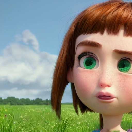 Pixar style boy girl, green eyes and blak hair , 
freckles on the face, grassland in the background, blurry background, 8k, unreal engine, octane render, photography by cosmicwonder, hyper detailed, intricate, sharp focus, symmetrical face, soft volumetric lighting, octane render, 4k, 24mm, high quality, ultra realistic