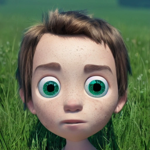 Pixar style boy ,green eyes and blak hair , 
freckles on the face, grassland in the background, blurry background, 8k, unreal engine, octane render, photography by cosmicwonder, hyper detailed, intricate, sharp focus, symmetrical face, soft volumetric lighting, octane render, 4k, 24mm, high quality, ultra realistic