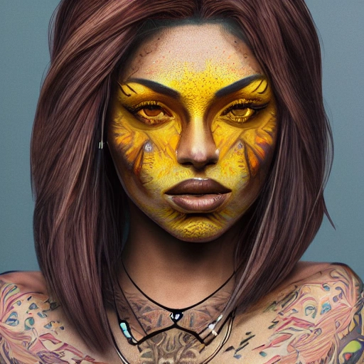 very closeup portrait of a woman's face, deep brown skin, yellow eyes, tattoos, extremely detailed, colorful, 3d, 8k, sharp focus, trending on artstation

