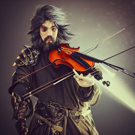 a man playing a more reallistic metallic steampunk violin with a katana in animated magical war armour, character concept art, highly detailed, (sharp focus), ((professionally color graded)), ((bright soft diffused light)), volumetric fog, trending on instagram, trending on tumblr, hdr 4k, 8k.