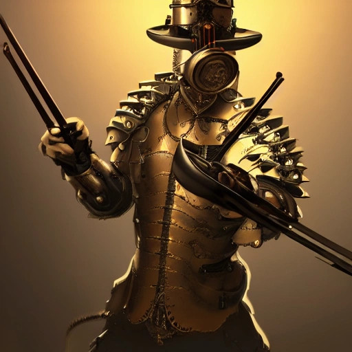 a man playing a more reallistic ((sharp focus)) steampunk violin with a katana in animated magical war armour with full helmet
, character concept art, highly detailed, (sharp focus), ((professionally color graded)), ((bright soft diffused light)), volumetric fog, trending on instagram, trending on tumblr, hdr 4k, 8k.