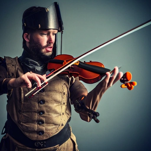 a man playing a more reallistic ((sharp focus)) steampunk ACCURATE violin with a katana in animated magical war armour with full helmet
, character concept art, highly detailed, (sharp focus), ((professionally color graded)), ((bright soft diffused light)), volumetric fog, trending on instagram, trending on tumblr, hdr 4k, 8k.