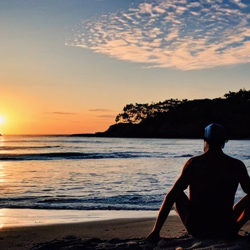 Guy sitting at the beach and play drums in the sunset.
he wears a hat. the drummer is a cyborg from the future.