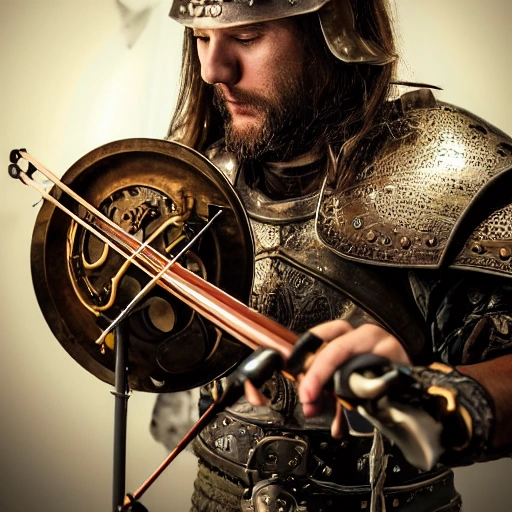 a man playing a more reallistic ((sharp focus)) steampunk ACCURATE violin with a katana in animated  MEDIEVAL war armour with VIKING full helmet , character concept art, highly detailed, (sharp focus), ((professionally color graded)), ((bright soft diffused light)), volumetric fog, trending on instagram, trending on tumblr, hdr 4k, 8k.