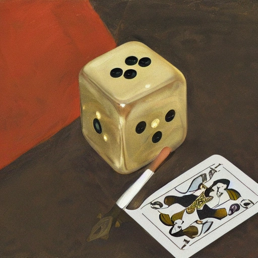 high quality high detail painting by lucian freud, hd, portrait of pair of dice laying on top of multiple playing cards, photorealistic lighting